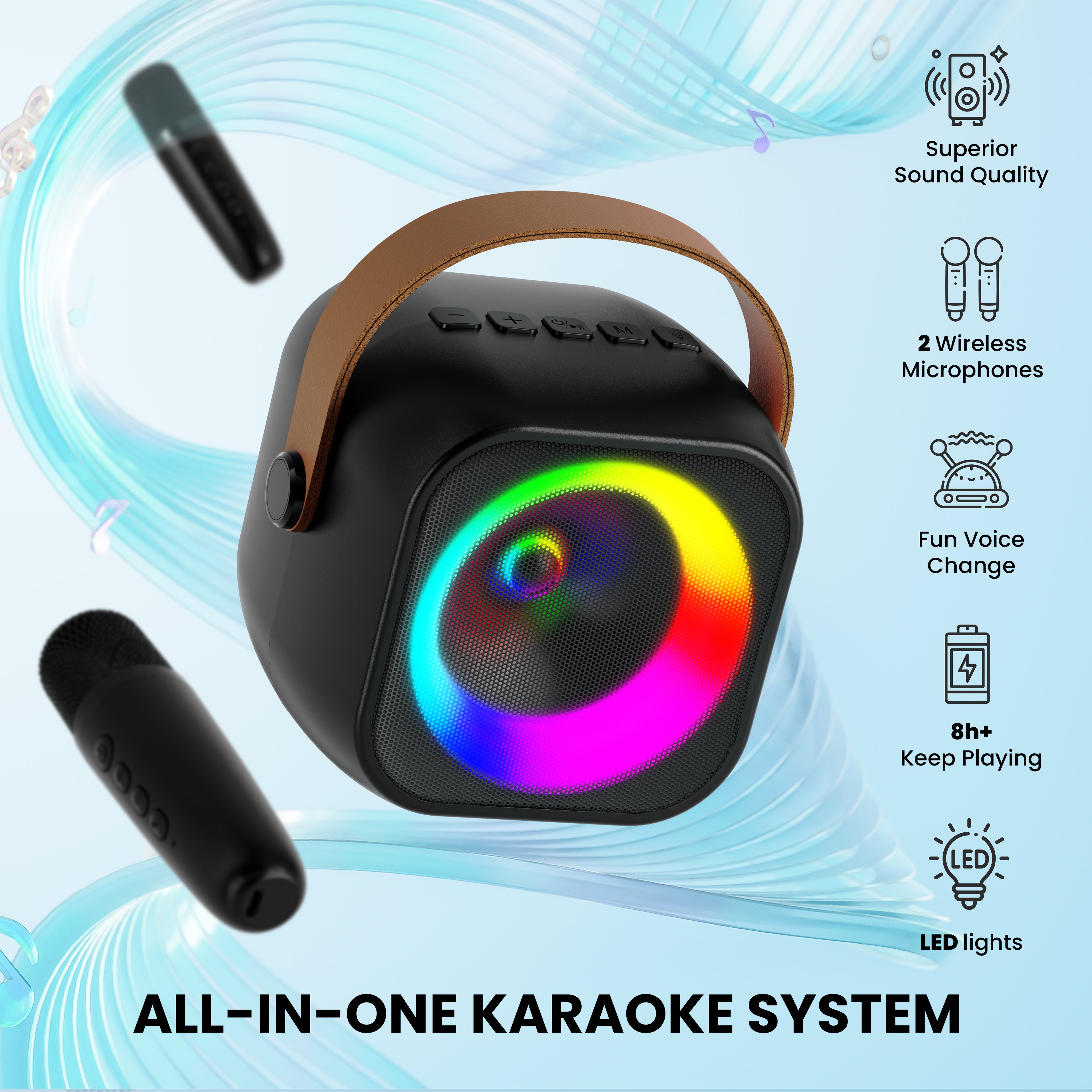 BEILIHART Mini Karaoke Machine, Portable Bluetooth Karaoke Speaker with 2 Wireless Microphones and Party Lights for Kids and Adults, Birthday Gifts for Girls Boys Family Home Party