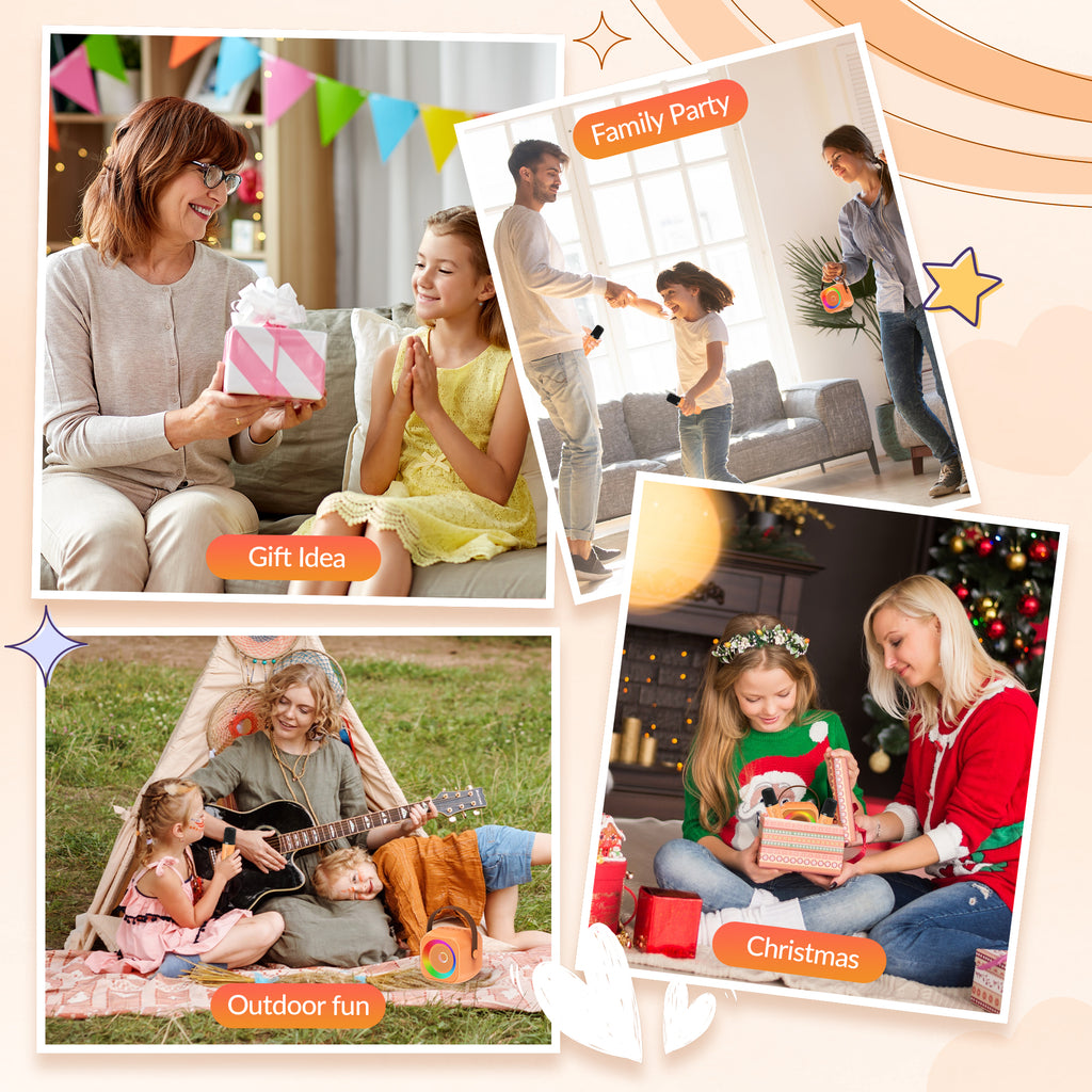 BEILIHART Karaoke Machine for Kids Adults: Mini Portable Karaoke Machine with 2 Wireless Microphones and Lights, Christmas Birthday Gifts for Girls Boys Family Home Party(Orange)