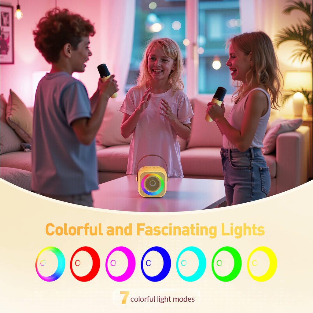 BEILIHART  Mini Karaoke Machine for Kids Adults：Portable Bluetooth Karaoke Speaker with 2 Wireless Microphones and Lights for Home Party, Christmas Birthday Gifts for 4-12+ Years Old Girls Boys(Yellow)