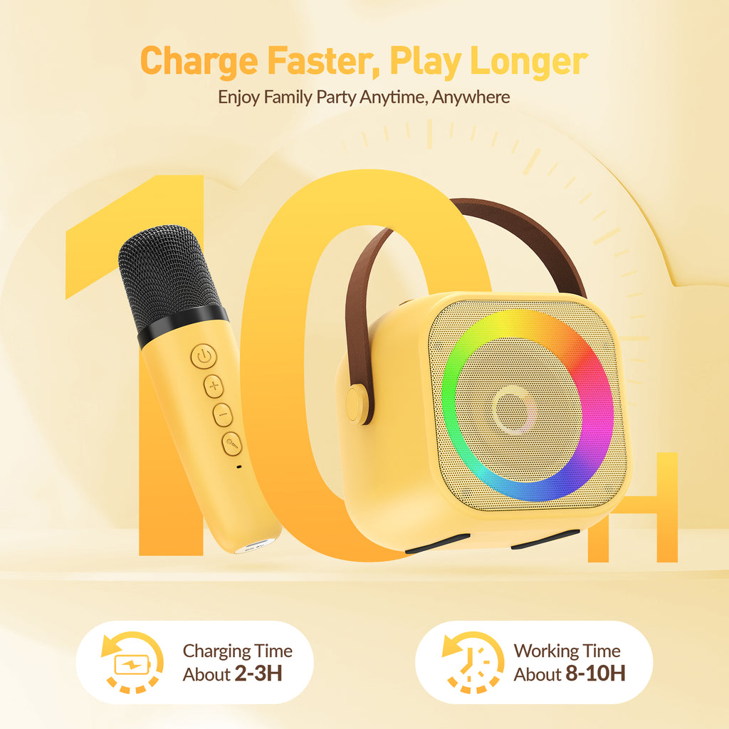 BEILIHART  Mini Karaoke Machine for Kids Adults：Portable Bluetooth Karaoke Speaker with 2 Wireless Microphones and Lights for Home Party, Christmas Birthday Gifts for 4-12+ Years Old Girls Boys(Yellow)