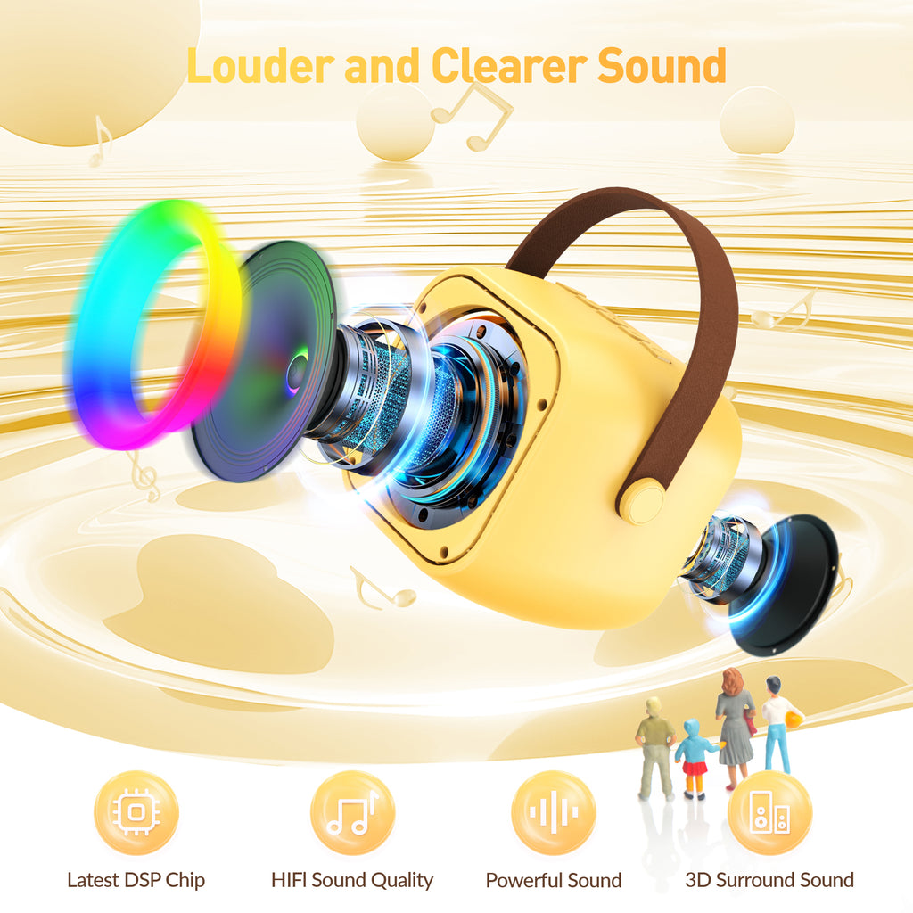BEILIHART  Mini Karaoke Machine for Kids Adults：Portable Bluetooth Karaoke Speaker with 2 Wireless Microphones and Lights for Home Party, Christmas Birthday Gifts for 4-12+ Years Old Girls Boys(Yellow)