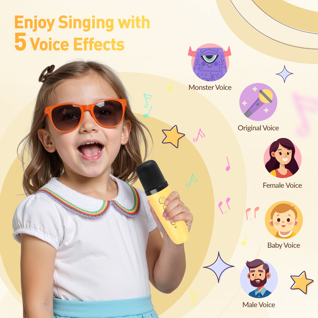 BEILIHART  Mini Karaoke Machine for Kids Adults：Portable Bluetooth Karaoke Speaker with 2 Wireless Microphones and Lights for Home Party, Christmas Birthday Gifts for 4-12+ Years Old Girls Boys(Yellow)