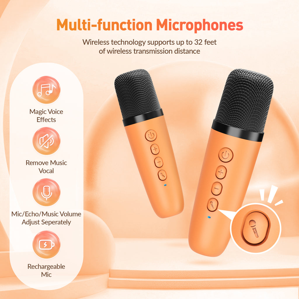 BEILIHART Karaoke Machine for Kids Adults: Mini Portable Karaoke Machine with 2 Wireless Microphones and Lights, Christmas Birthday Gifts for Girls Boys Family Home Party(Orange)