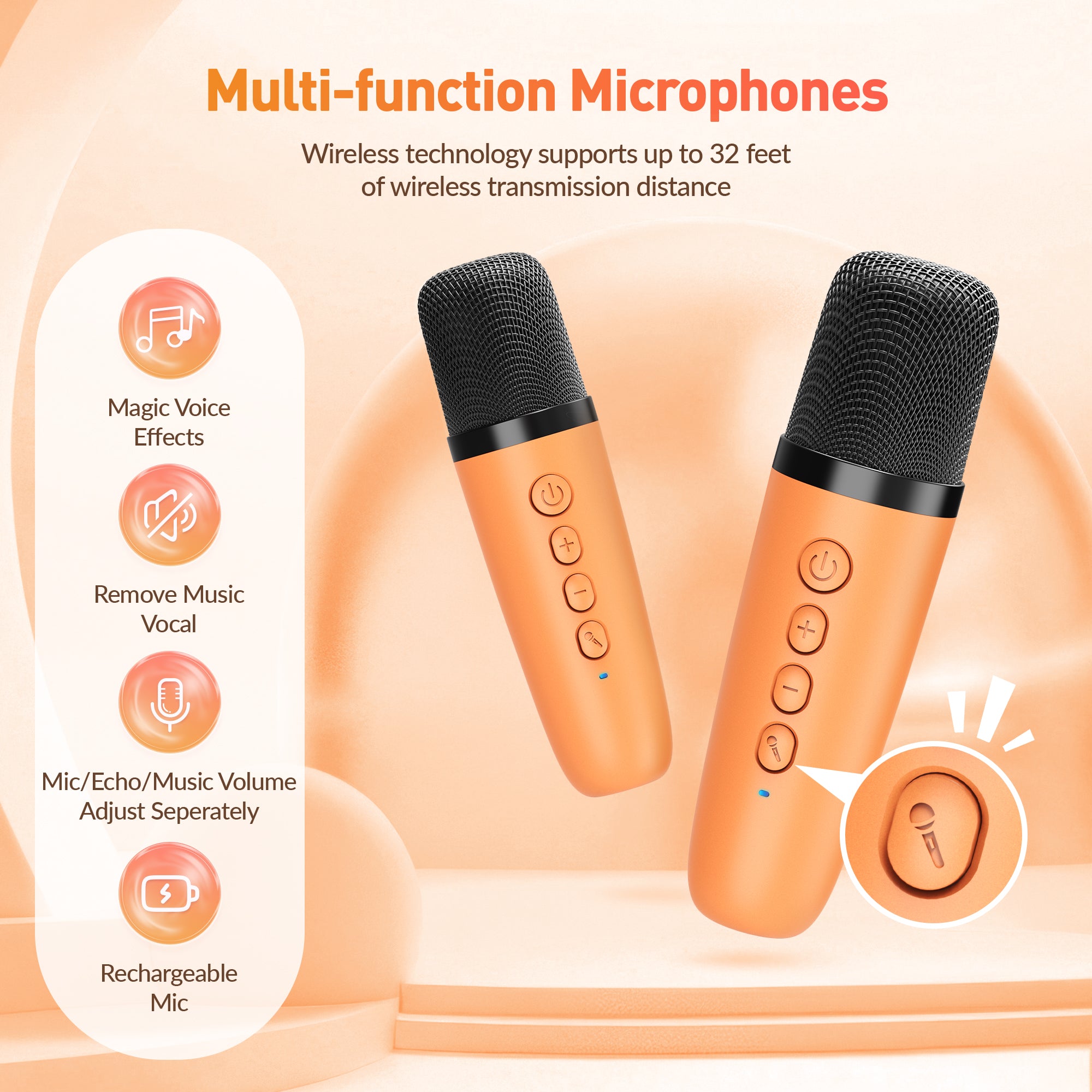 BEILIHART Karaoke Machine for Kids Adults: Mini Portable Karaoke Machine with 2 Wireless Microphones and Lights, Christmas Birthday Gifts for Girls Boys Family Home Party(Orange)