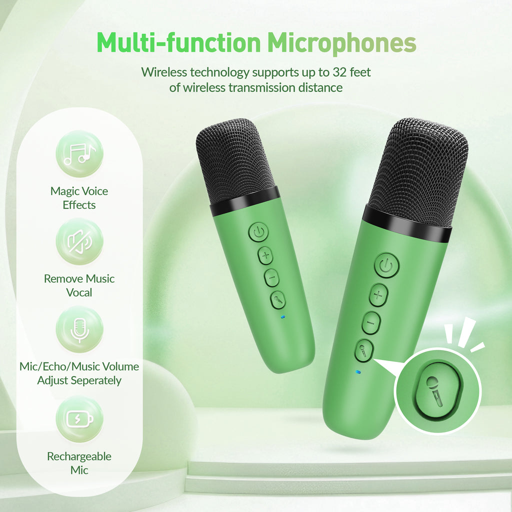 BEILIHART Mini Karaoke Machine：Portable Bluetooth Karaoke Microphone, Singing Speaker with 2 Wireless Mic and Light Kids Adults, Christmas Birthday Gifts for Girls Boys Family Home Party(Green)