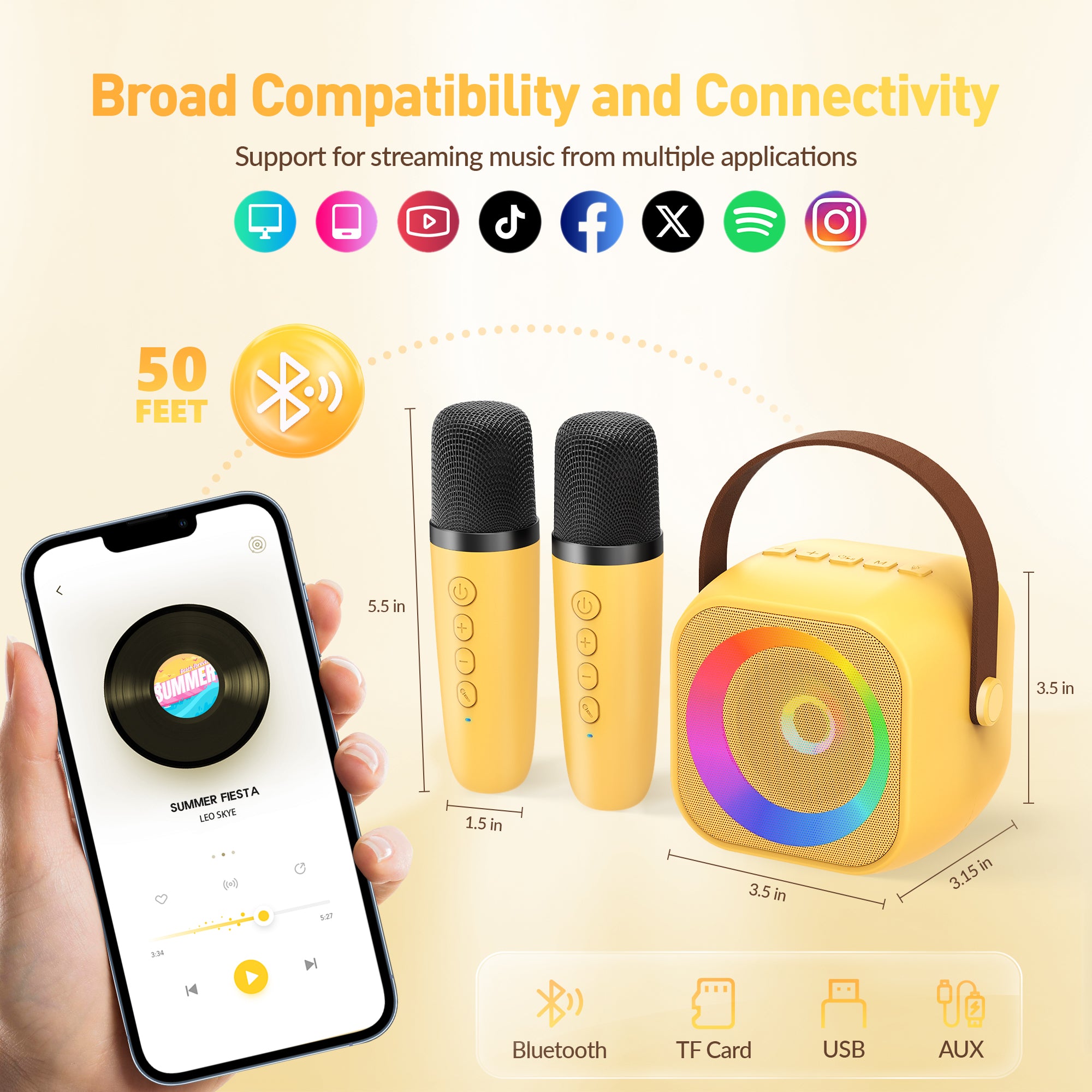 BEILIHART  Mini Karaoke Machine for Kids Adults：Portable Bluetooth Karaoke Speaker with 2 Wireless Microphones and Lights for Home Party, Christmas Birthday Gifts for 4-12+ Years Old Girls Boys(Yellow)