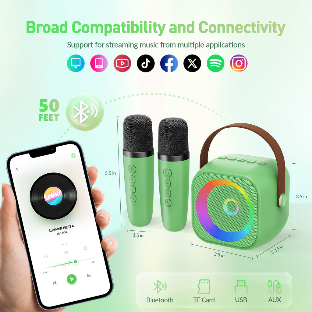 BEILIHART Mini Karaoke Machine：Portable Bluetooth Karaoke Microphone, Singing Speaker with 2 Wireless Mic and Light Kids Adults, Christmas Birthday Gifts for Girls Boys Family Home Party(Green)
