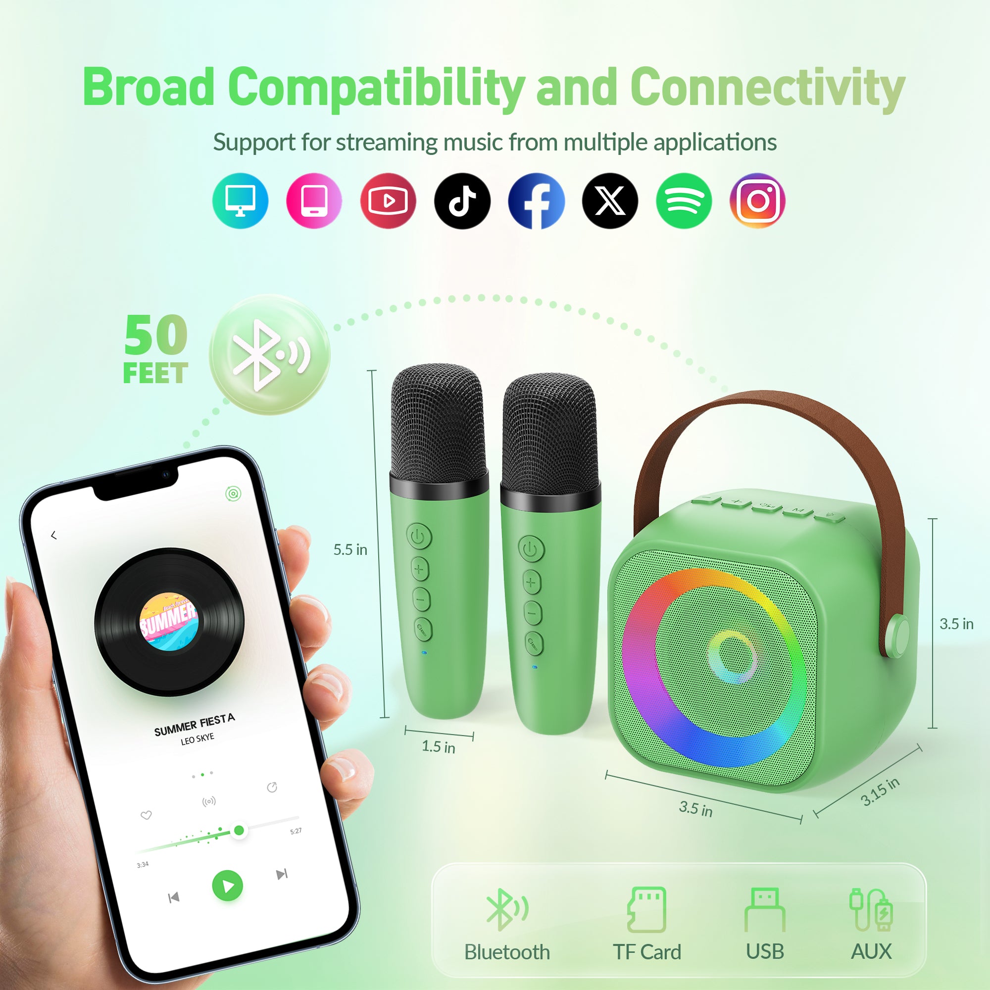 BEILIHART Mini Karaoke Machine：Portable Bluetooth Karaoke Microphone, Singing Speaker with 2 Wireless Mic and Light Kids Adults, Christmas Birthday Gifts for Girls Boys Family Home Party(Green)