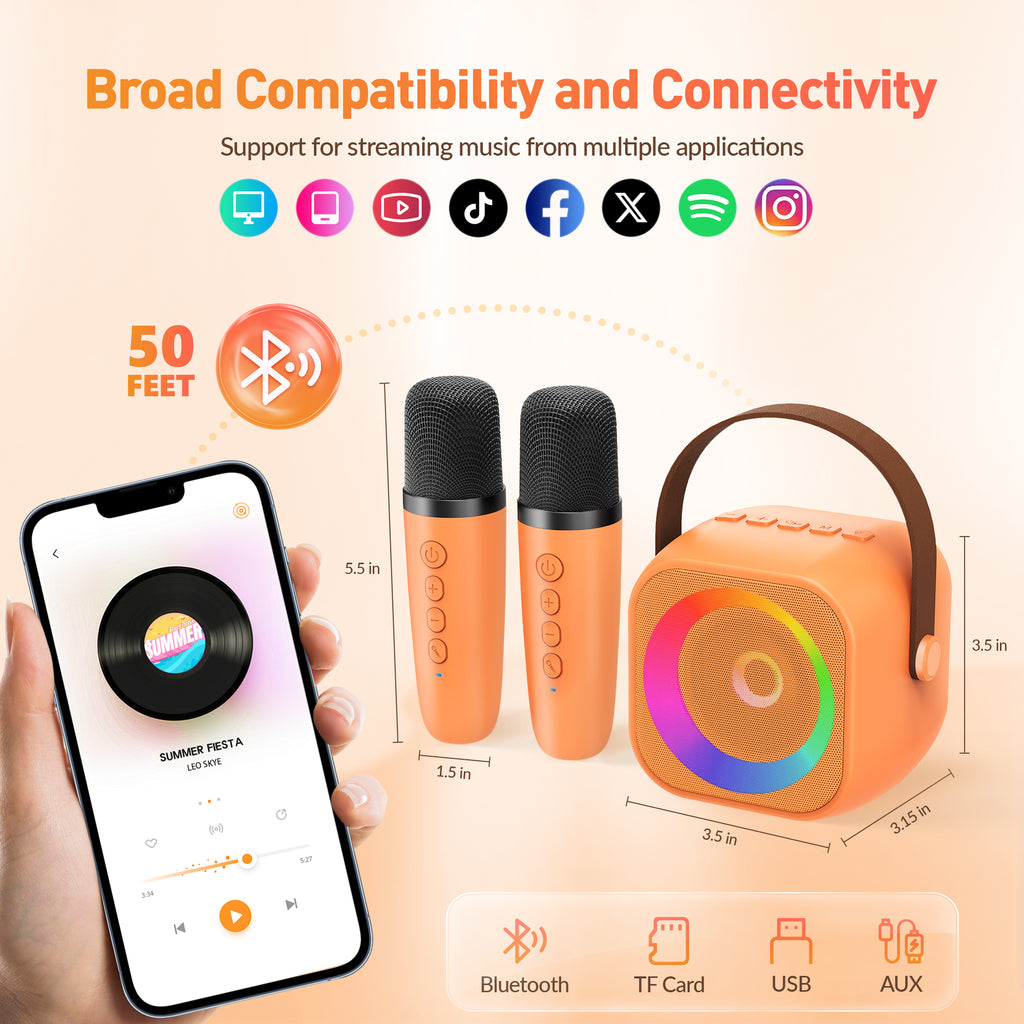 BEILIHART Karaoke Machine for Kids Adults: Mini Portable Karaoke Machine with 2 Wireless Microphones and Lights, Christmas Birthday Gifts for Girls Boys Family Home Party(Orange)