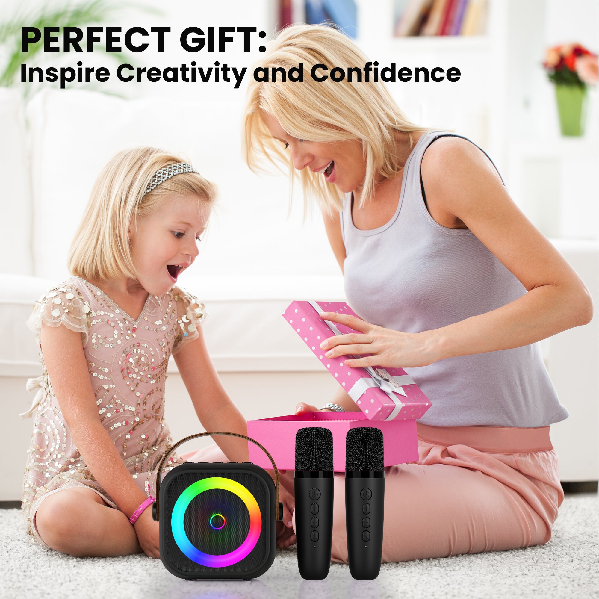 BEILIHART Mini Karaoke Machine, Portable Bluetooth Karaoke Speaker with 2 Wireless Microphones and Party Lights for Kids and Adults, Birthday Gifts for Girls Boys Family Home Party