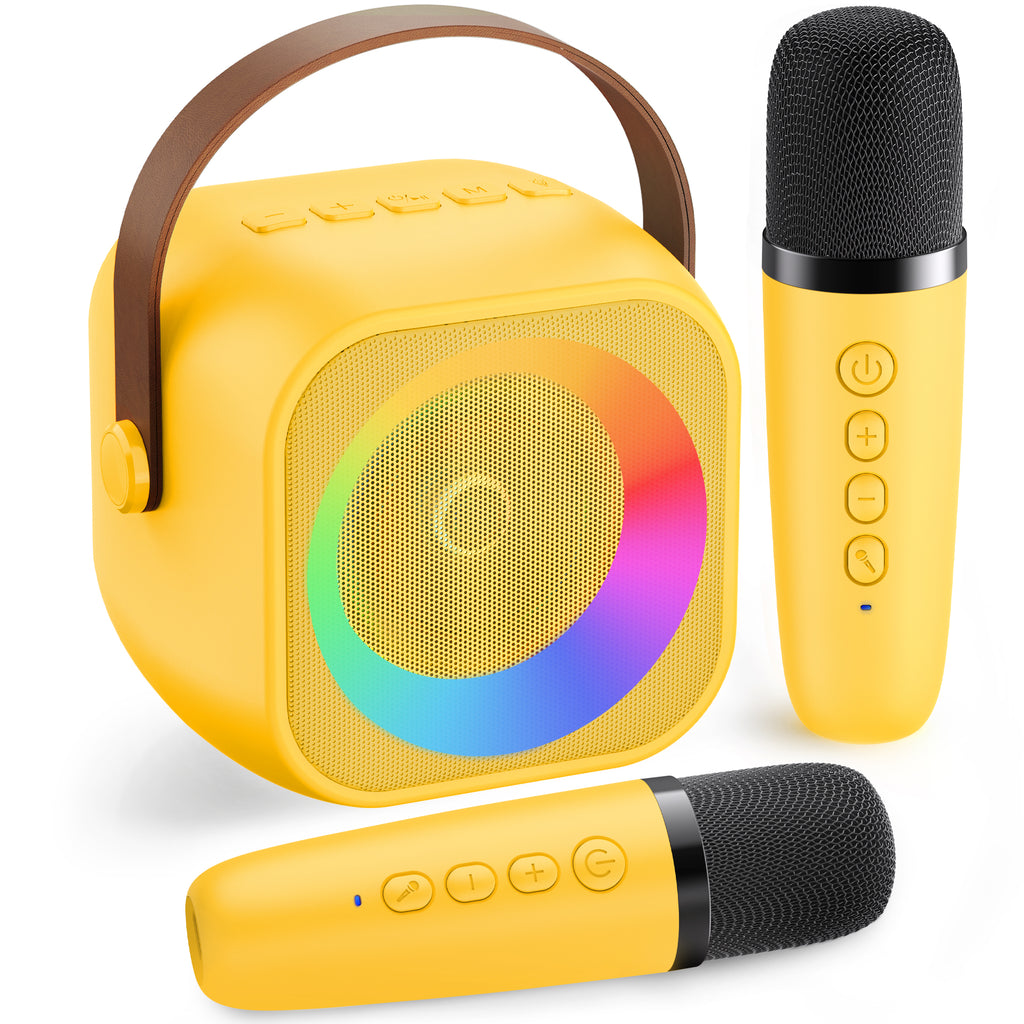 BEILIHART  Mini Karaoke Machine for Kids Adults：Portable Bluetooth Karaoke Speaker with 2 Wireless Microphones and Lights for Home Party, Christmas Birthday Gifts for 4-12+ Years Old Girls Boys(Yellow)