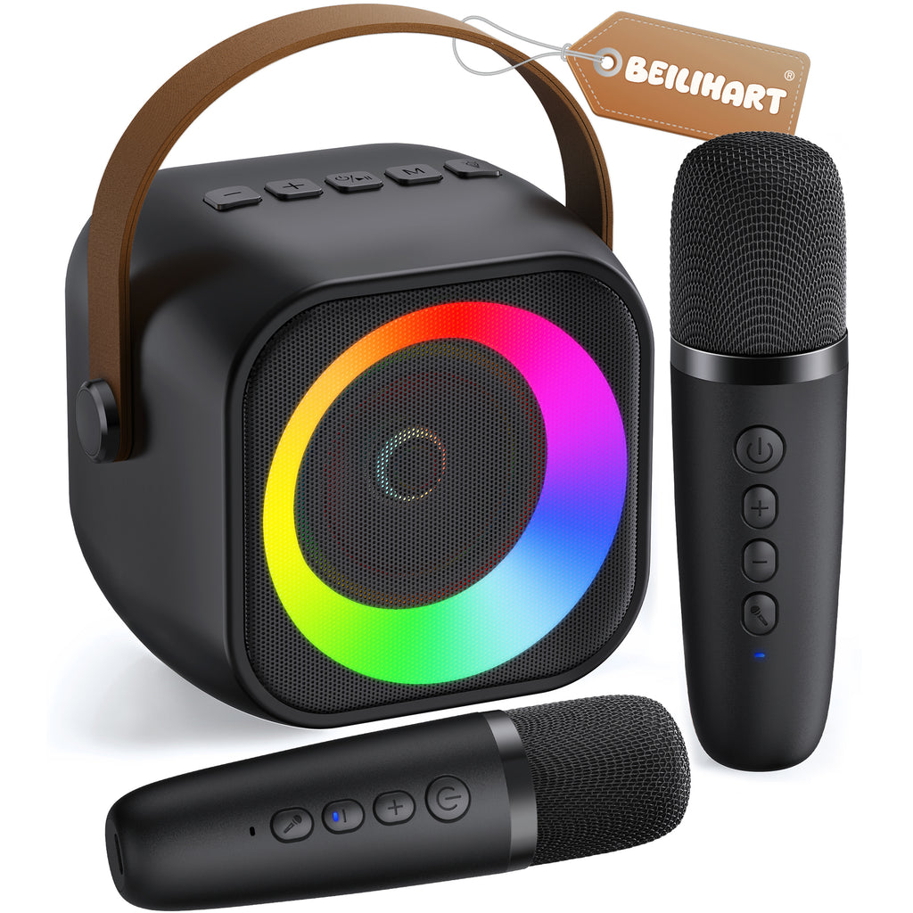 BEILIHART Mini Karaoke Machine, Portable Bluetooth Karaoke Speaker with 2 Wireless Microphones and Party Lights for Kids and Adults, Birthday Gifts for Girls Boys Family Home Party